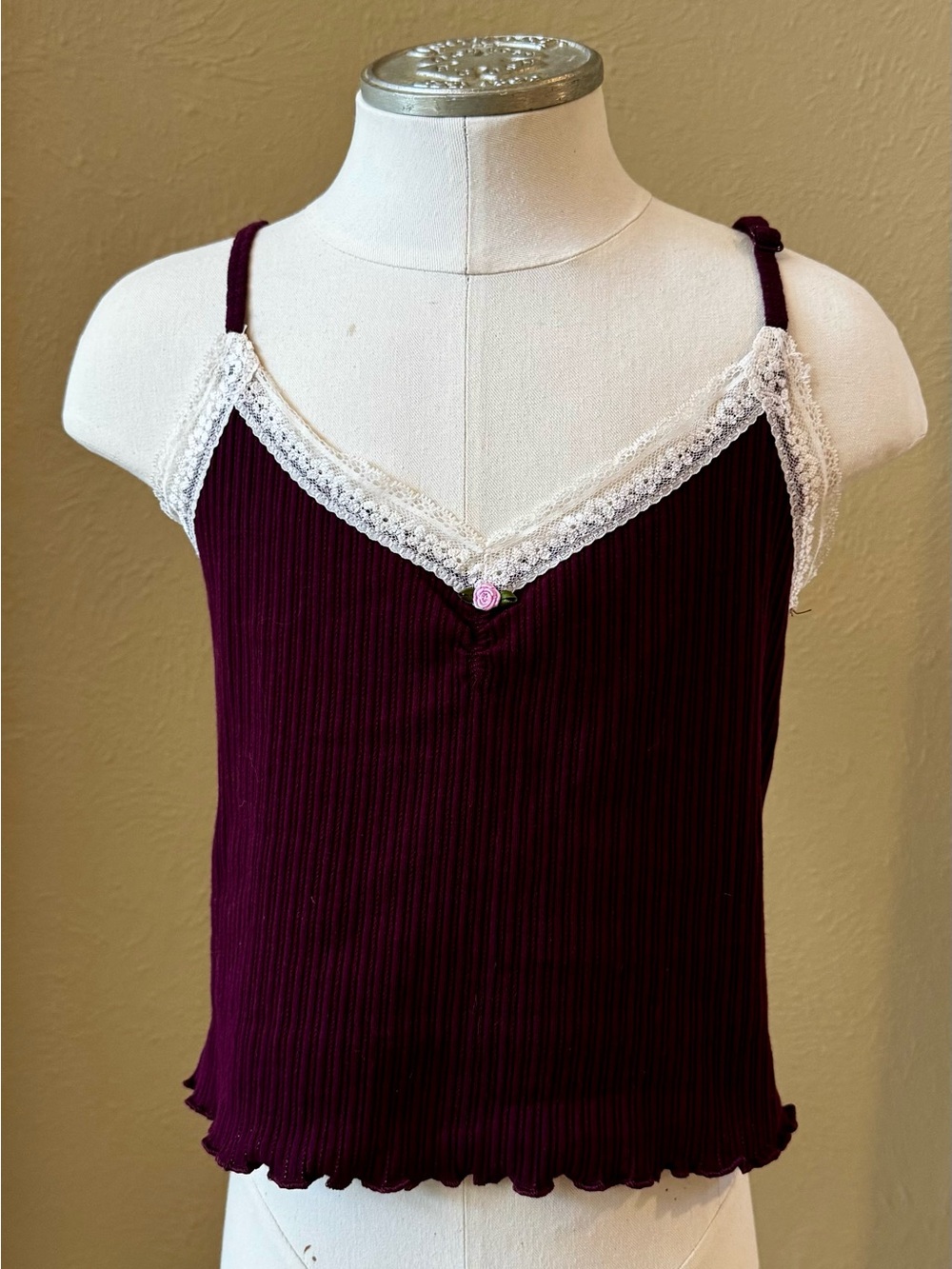 Victoria’s Secret Pink Women’s Lace-Trim Ribbed Cami Tank Top - Burgundy